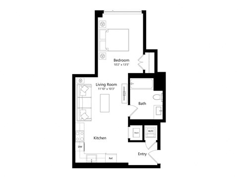 a floor plan of a unit with a living area, kitchen, and bathroom.